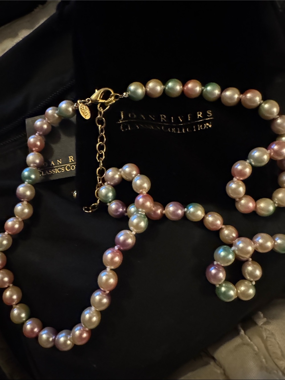 Vintage Joan Rivers Pastel Multicolor Pearl Necklace with Gold Chain w/box & bag